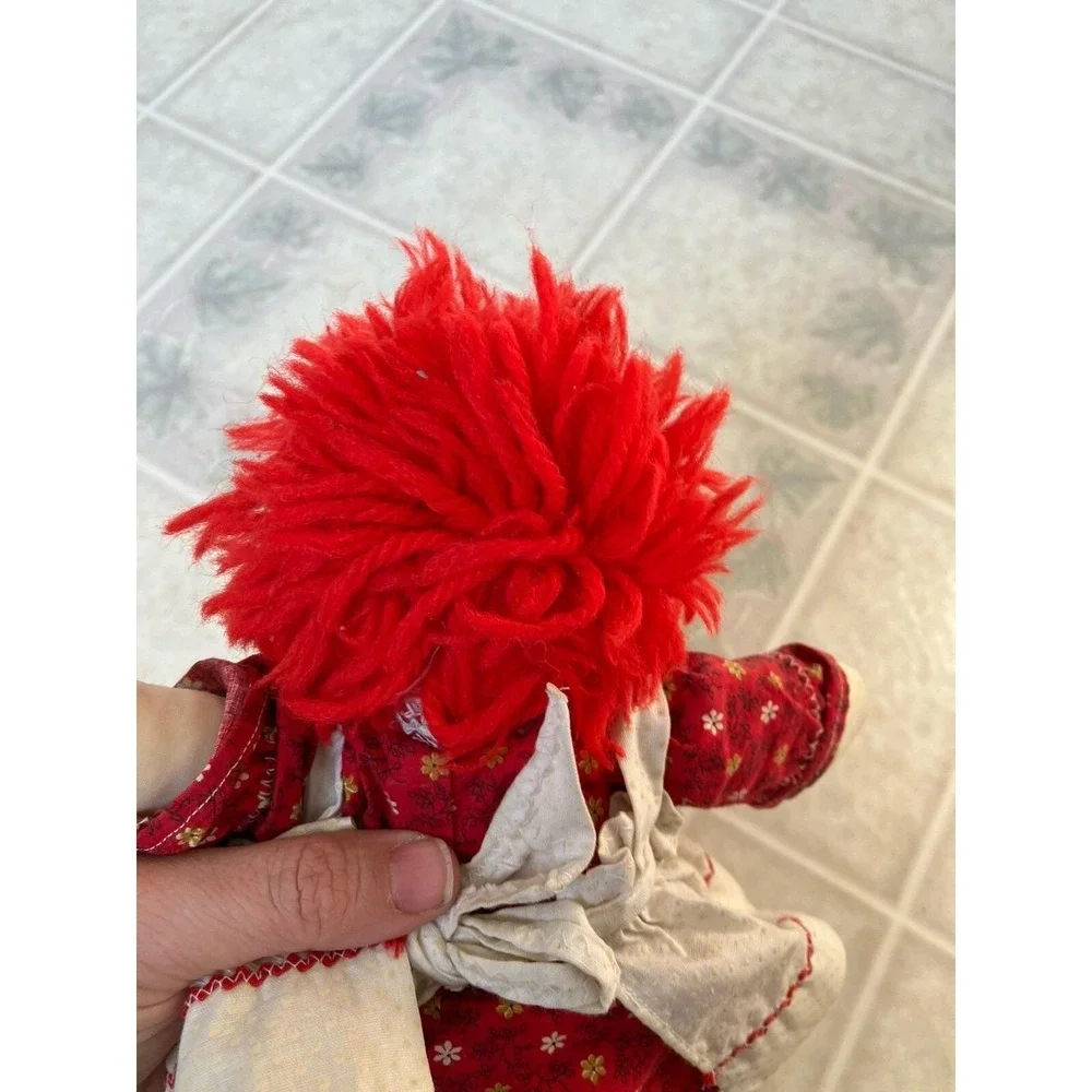 Raggedy Ann Doll Vintage 1970s Handmade Embroidered Face Red Heart Dress 11